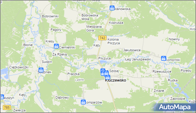 mapa Pilczyca gmina Kluczewsko, Pilczyca gmina Kluczewsko na mapie Targeo