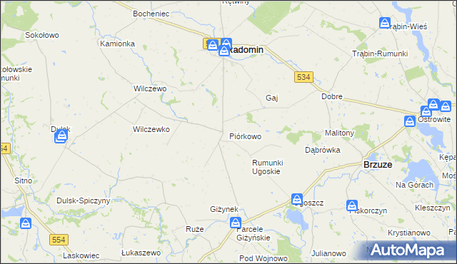 mapa Piórkowo gmina Radomin, Piórkowo gmina Radomin na mapie Targeo