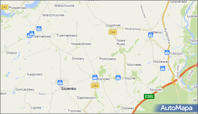 mapa Piotrkówko gmina Sicienko, Piotrkówko gmina Sicienko na mapie Targeo