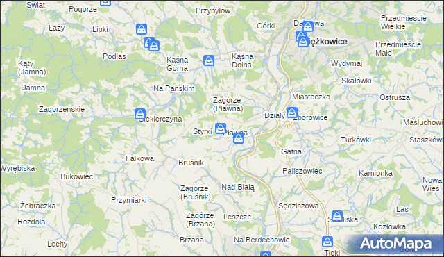 mapa Pławna gmina Ciężkowice, Pławna gmina Ciężkowice na mapie Targeo