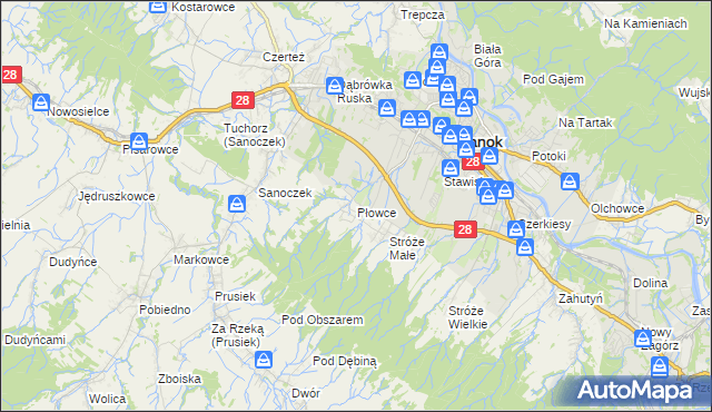 mapa Płowce gmina Sanok, Płowce gmina Sanok na mapie Targeo