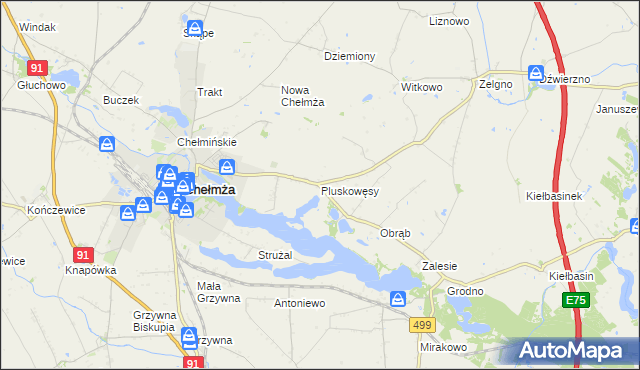 mapa Pluskowęsy gmina Chełmża, Pluskowęsy gmina Chełmża na mapie Targeo