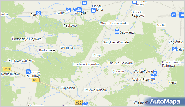 mapa Płusy gmina Obryte, Płusy gmina Obryte na mapie Targeo
