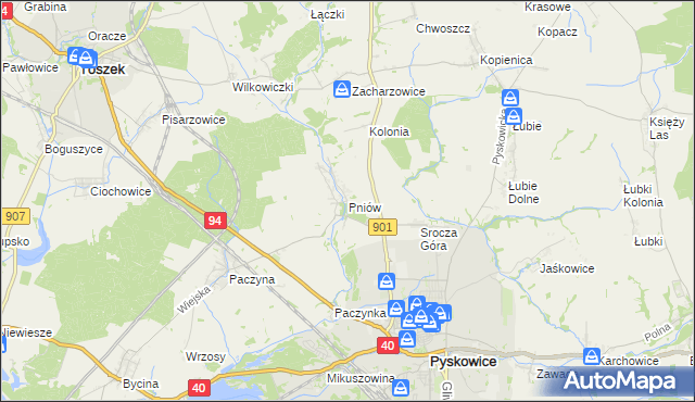 mapa Pniów gmina Toszek, Pniów gmina Toszek na mapie Targeo