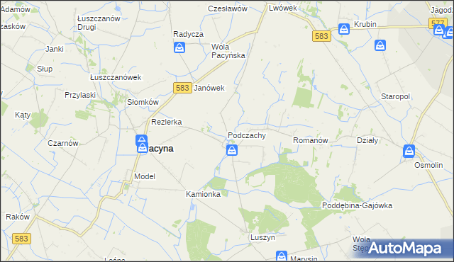 mapa Podczachy gmina Pacyna, Podczachy gmina Pacyna na mapie Targeo