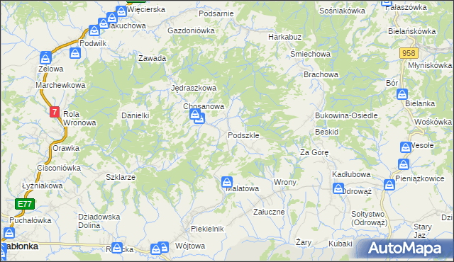 mapa Podszkle gmina Czarny Dunajec, Podszkle gmina Czarny Dunajec na mapie Targeo