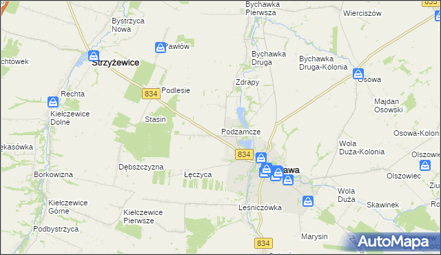 mapa Podzamcze gmina Bychawa, Podzamcze gmina Bychawa na mapie Targeo