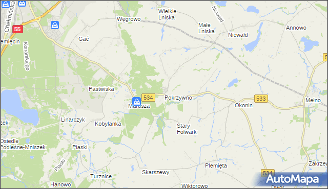 mapa Pokrzywno gmina Gruta, Pokrzywno gmina Gruta na mapie Targeo