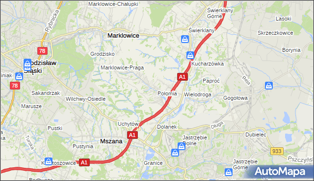 mapa Połomia gmina Mszana, Połomia gmina Mszana na mapie Targeo