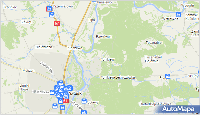 mapa Ponikiew gmina Pułtusk, Ponikiew gmina Pułtusk na mapie Targeo