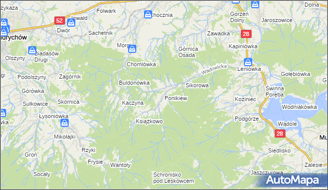 mapa Ponikiew gmina Wadowice, Ponikiew gmina Wadowice na mapie Targeo