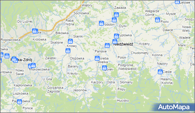 mapa Poręba Wielka gmina Niedźwiedź, Poręba Wielka gmina Niedźwiedź na mapie Targeo