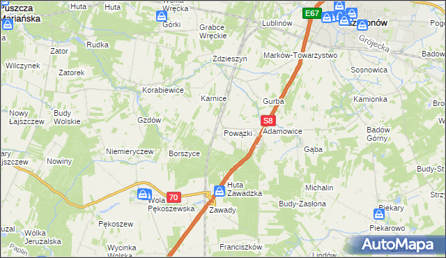 mapa Powązki gmina Mszczonów, Powązki gmina Mszczonów na mapie Targeo