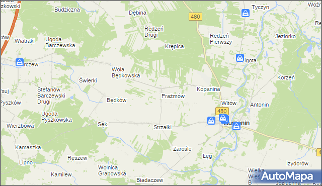 mapa Prażmów gmina Burzenin, Prażmów gmina Burzenin na mapie Targeo