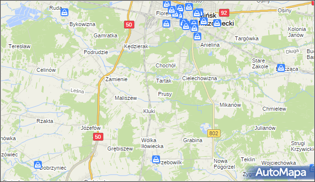 mapa Prusy gmina Mińsk Mazowiecki, Prusy gmina Mińsk Mazowiecki na mapie Targeo