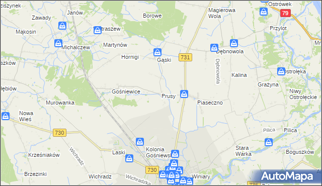 mapa Prusy gmina Warka, Prusy gmina Warka na mapie Targeo