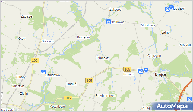 mapa Pruszcz gmina Brojce, Pruszcz gmina Brojce na mapie Targeo