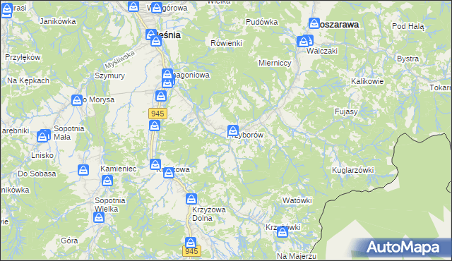 mapa Przyborów gmina Jeleśnia, Przyborów gmina Jeleśnia na mapie Targeo