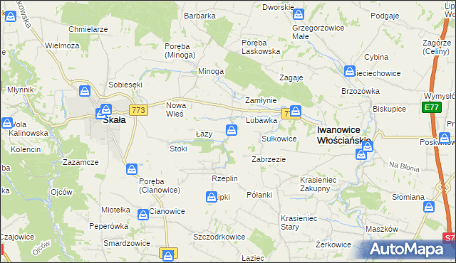 mapa Przybysławice gmina Skała, Przybysławice gmina Skała na mapie Targeo