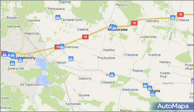 mapa Przybyszów gmina Moskorzew, Przybyszów gmina Moskorzew na mapie Targeo