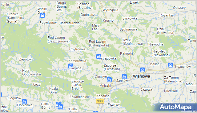 mapa Pstrągówka gmina Wiśniowa, Pstrągówka gmina Wiśniowa na mapie Targeo