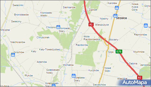 mapa Raciborów gmina Kutno, Raciborów gmina Kutno na mapie Targeo