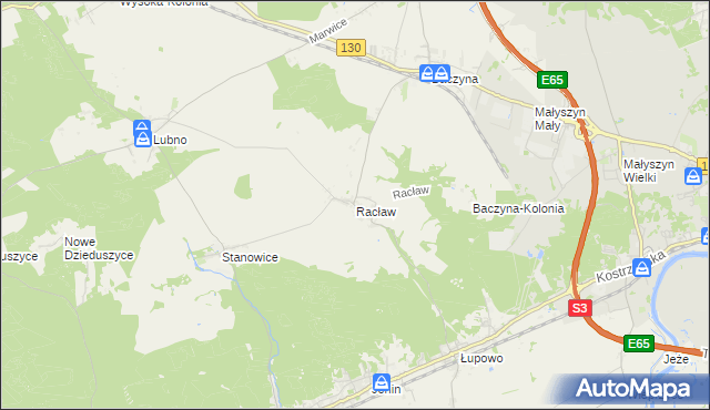 mapa Racław gmina Bogdaniec, Racław gmina Bogdaniec na mapie Targeo
