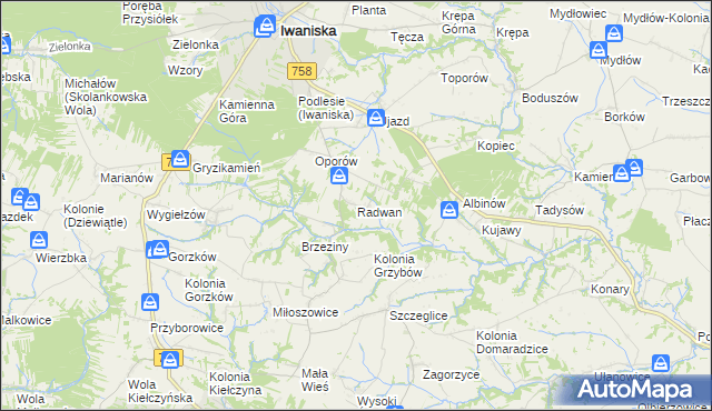 mapa Radwan gmina Iwaniska, Radwan gmina Iwaniska na mapie Targeo