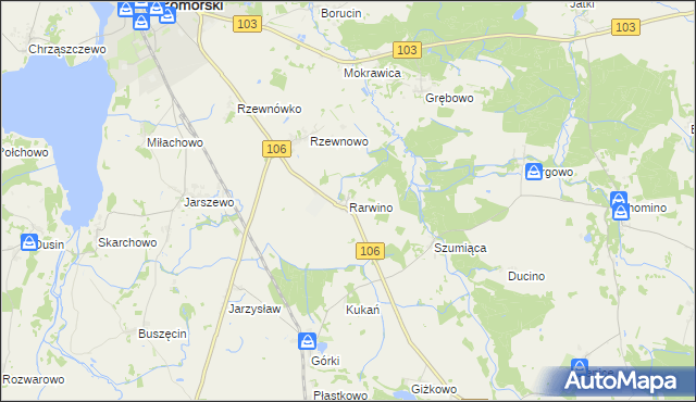 mapa Rarwino gmina Kamień Pomorski, Rarwino gmina Kamień Pomorski na mapie Targeo