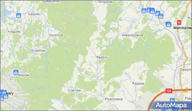 mapa Rędziny gmina Kamienna Góra, Rędziny gmina Kamienna Góra na mapie Targeo