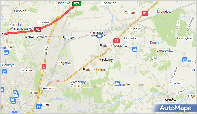 mapa Rędziny powiat częstochowski, Rędziny powiat częstochowski na mapie Targeo