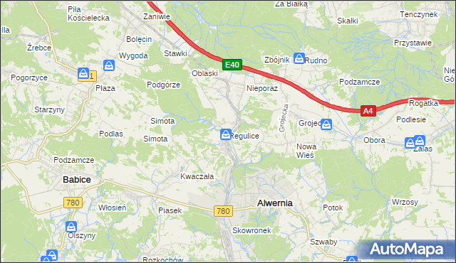 mapa Regulice gmina Alwernia, Regulice gmina Alwernia na mapie Targeo