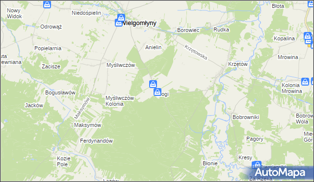 mapa Rogi gmina Wielgomłyny, Rogi gmina Wielgomłyny na mapie Targeo