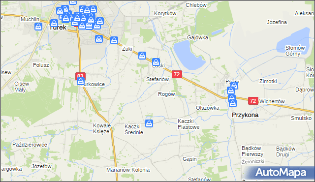 mapa Rogów gmina Przykona, Rogów gmina Przykona na mapie Targeo