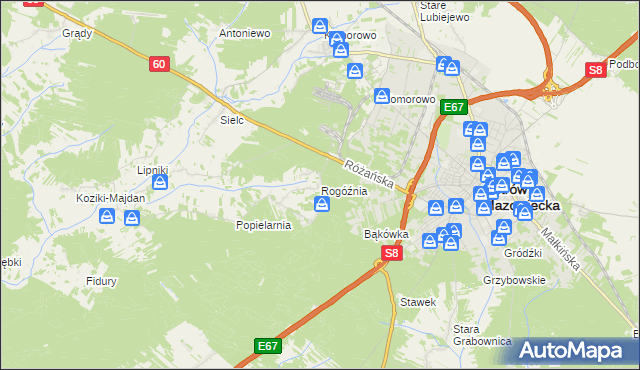 mapa Rogóźnia gmina Ostrów Mazowiecka, Rogóźnia gmina Ostrów Mazowiecka na mapie Targeo