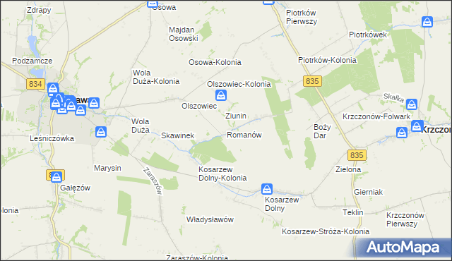 mapa Romanów gmina Bychawa, Romanów gmina Bychawa na mapie Targeo
