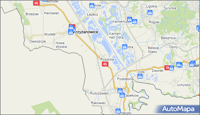 mapa Roszków gmina Krzyżanowice, Roszków gmina Krzyżanowice na mapie Targeo