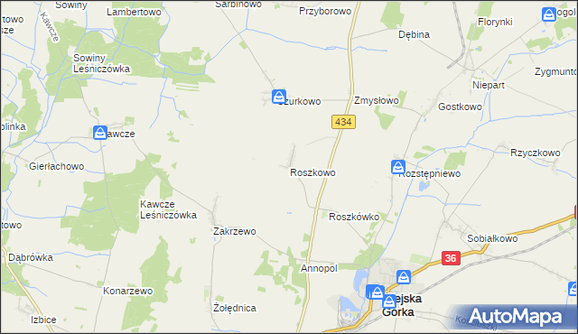 mapa Roszkowo gmina Miejska Górka, Roszkowo gmina Miejska Górka na mapie Targeo