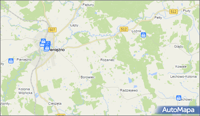 mapa Różaniec gmina Pieniężno, Różaniec gmina Pieniężno na mapie Targeo