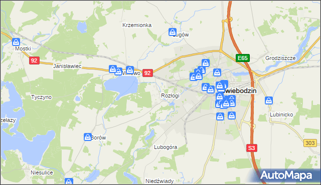 mapa Rozłogi gmina Świebodzin, Rozłogi gmina Świebodzin na mapie Targeo