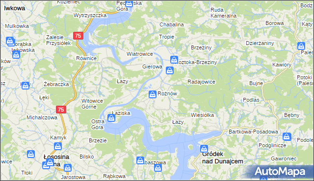 mapa Rożnów gmina Gródek nad Dunajcem, Rożnów gmina Gródek nad Dunajcem na mapie Targeo