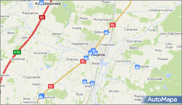 mapa Rozprza powiat piotrkowski, Rozprza powiat piotrkowski na mapie Targeo