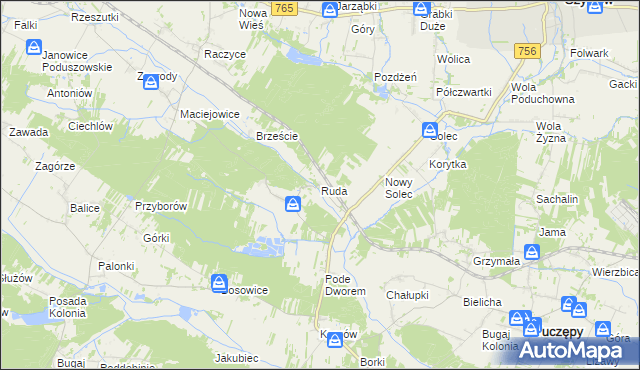 mapa Ruda gmina Gnojno, Ruda gmina Gnojno na mapie Targeo