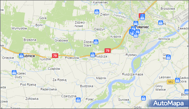 mapa Ruszcza gmina Połaniec, Ruszcza gmina Połaniec na mapie Targeo