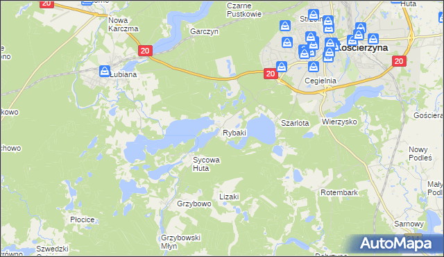 mapa Rybaki gmina Kościerzyna, Rybaki gmina Kościerzyna na mapie Targeo