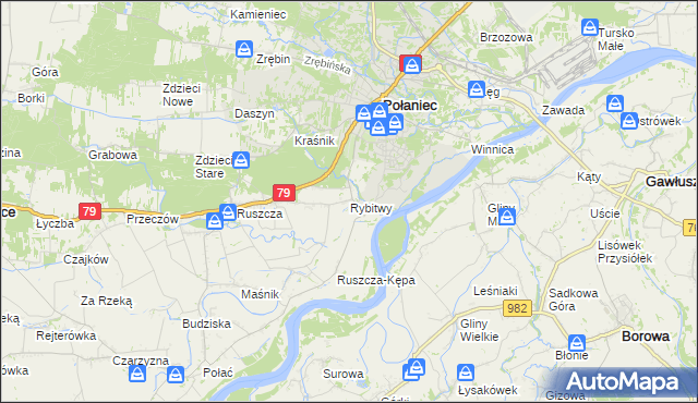 mapa Rybitwy gmina Połaniec, Rybitwy gmina Połaniec na mapie Targeo