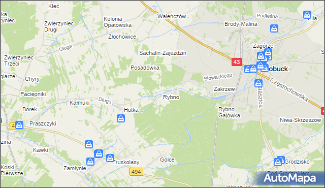 mapa Rybno gmina Kłobuck, Rybno gmina Kłobuck na mapie Targeo