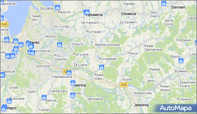 mapa Rychwałdek, Rychwałdek na mapie Targeo