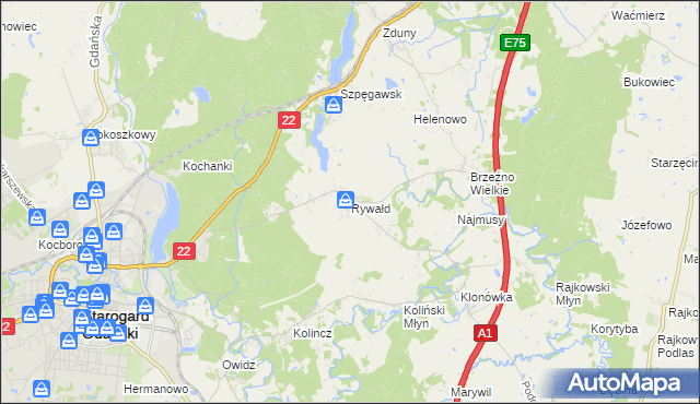 mapa Rywałd gmina Starogard Gdański, Rywałd gmina Starogard Gdański na mapie Targeo