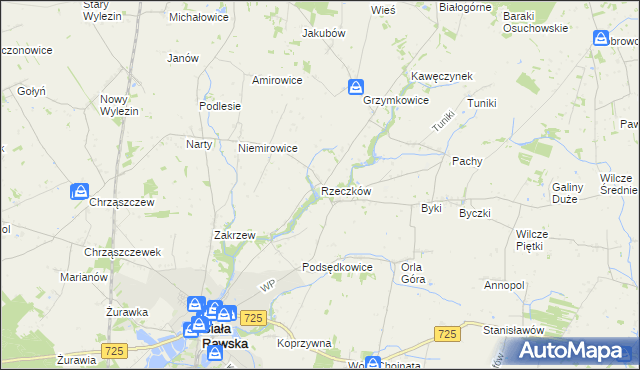 mapa Rzeczków gmina Biała Rawska, Rzeczków gmina Biała Rawska na mapie Targeo
